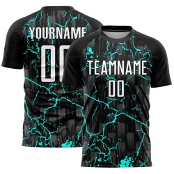 Trikotuniform Weiß-Aqua Benutzerdefinierte Fußballsublimation Schwarzer Blitz