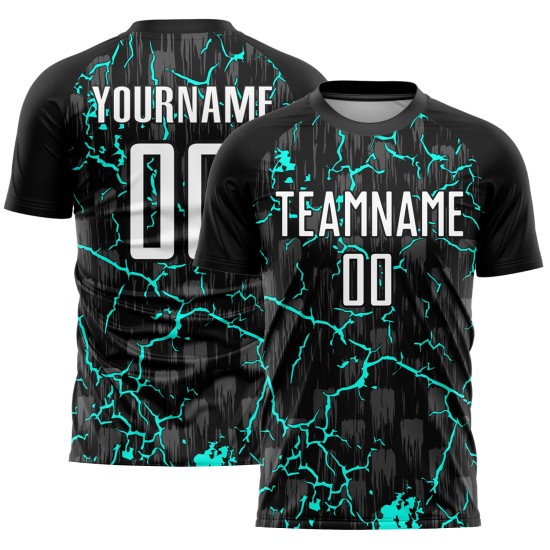 Trikotuniform Weiß-Aqua Benutzerdefinierte Fußballsublimation Schwarzer Blitz