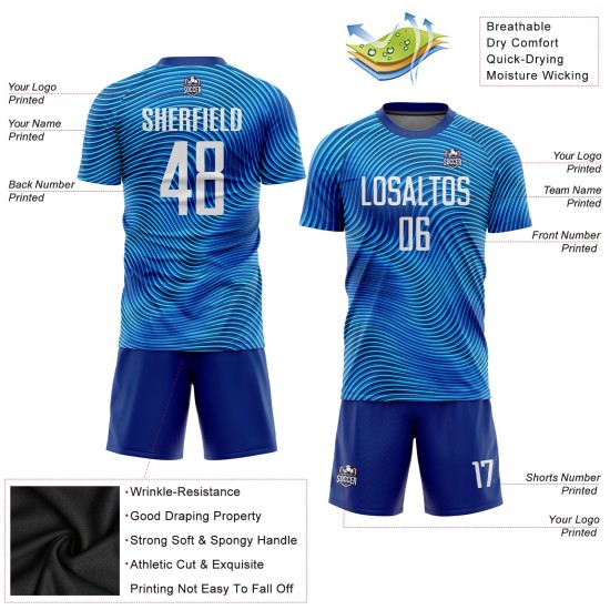 Benutzerdefinierte Sublimation Uniform Fußballtrikot Weiß-Königsblau Benutzerdefinierte Sublimation Uniform Fußballtrikot Weiß-Königsblau