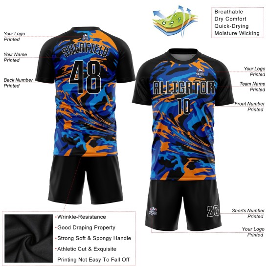 Fußball-Uniform, schwarz, individuell sublimiert, schwarzes Trikot, königsblau