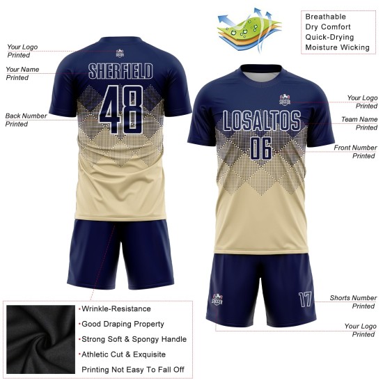 Cremefarbenes Trikot Sublimation Marineblau-Weiß Uniform Fußball Custom