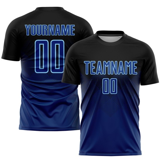 Blaulicht-Sublimations-Fußball-Uniform in Marineblau, individuell gestaltetes schwarzes US-Trikot