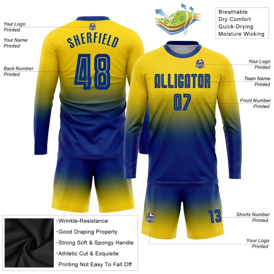 Sublimation Fußball Jersey Ärmel Royal Uniform Custom Gold Mode Verblassen Lange