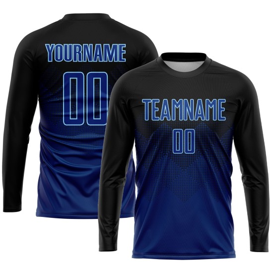 Blaulicht-Sublimations-Fußball-Uniform in Marineblau, individuell gestaltetes schwarzes US-Trikot