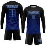 Blaulicht-Sublimations-Fußball-Uniform in Marineblau, individuell gestaltetes schwarzes US-Trikot