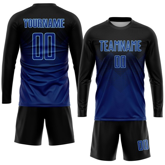 Blaulicht-Sublimations-Fußball-Uniform in Marineblau, individuell gestaltetes schwarzes US-Trikot