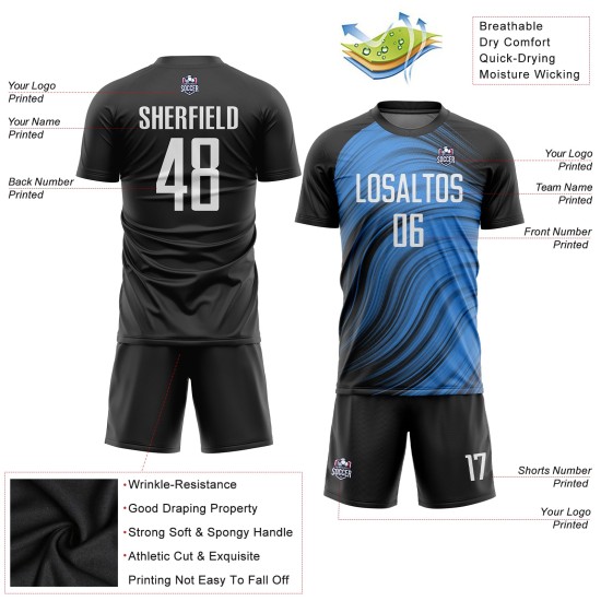 Blaues Trikot Sublimation Light Uniform Custom Soccer Weiß-Schwarz Blaues Trikot Sublimation Light Uniform Custom Soccer Weiß-Schwarz
