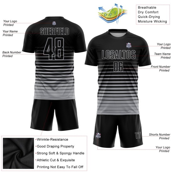 Schwarz Fashion Fade Sublimation Uniform Nadelstreifen Custom Jersey Grau Fußball
