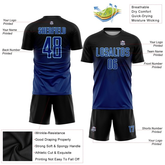 Blaulicht-Sublimations-Fußball-Uniform in Marineblau, individuell gestaltetes schwarzes US-Trikot