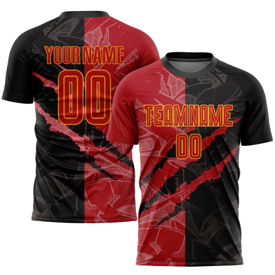 Benutzerdefinierte Graffiti Jersey Rot-Gold Uniform Muster Scratch Fußball Sublimation Benutzerdefinierte Graffiti Jersey Rot-Gold Uniform Muster Scratch Fußball Sublimation