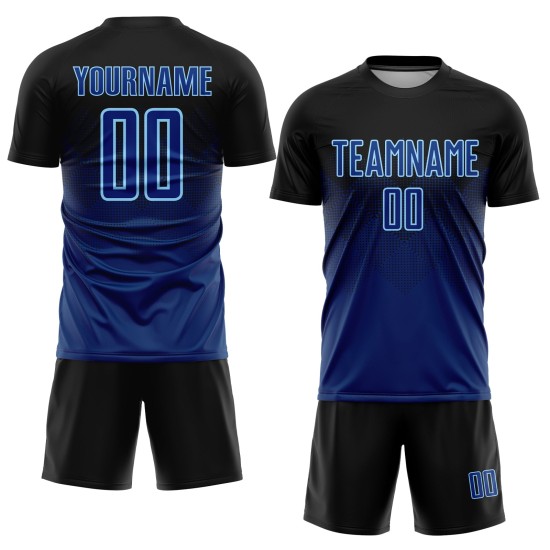 Blaulicht-Sublimations-Fußball-Uniform in Marineblau, individuell gestaltetes schwarzes US-Trikot